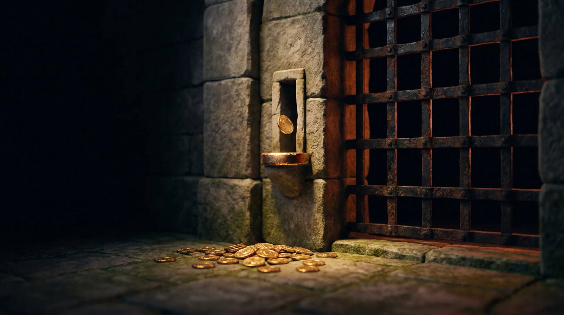 A single gold coin caught mid-fall as it drops into a narrow carved stone toll slot in a thick wall, beside a heavy iron portcullis gate that remains firmly shut with only darkness beyond it, with more gold coins scattered on the worn stone floor below the slot