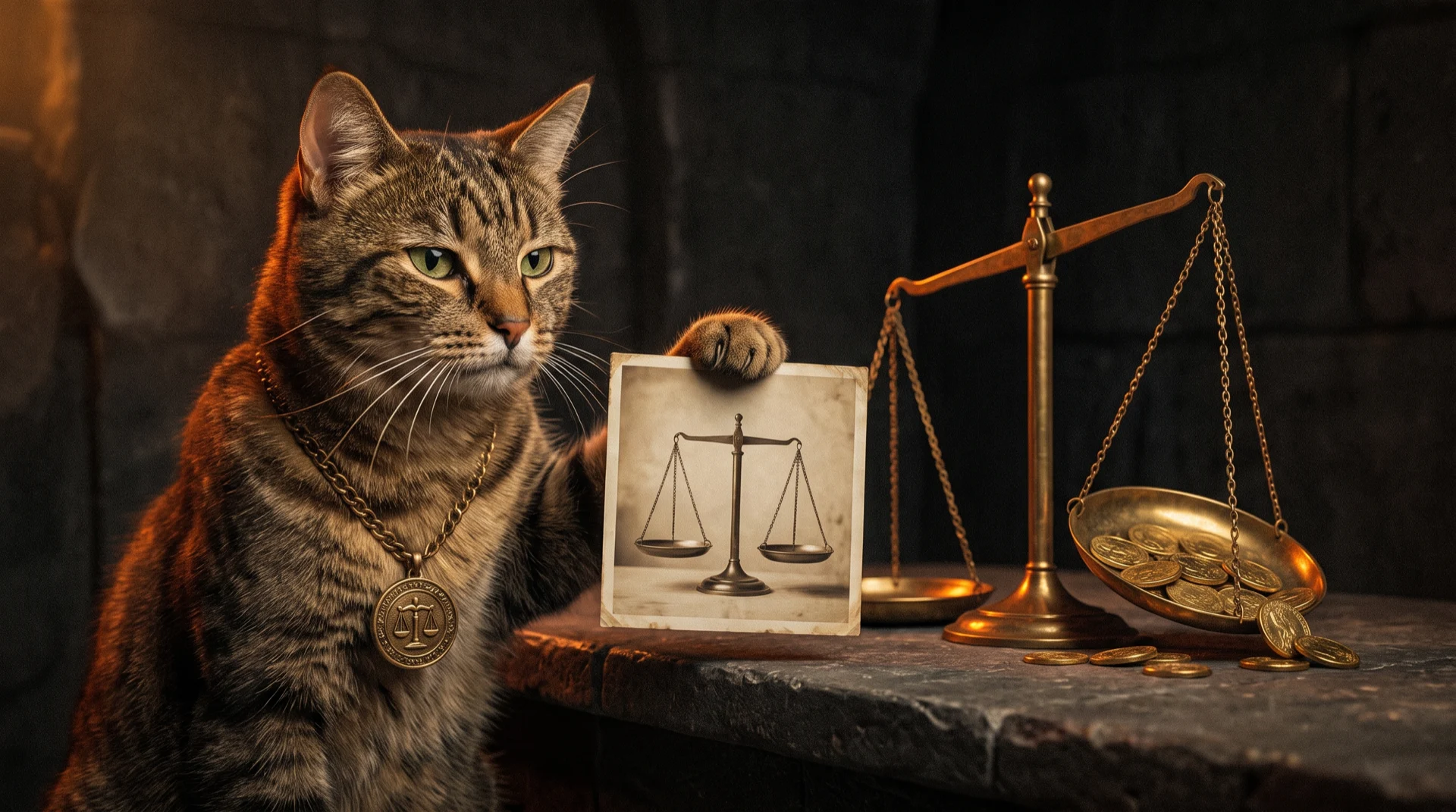A tabby cat at a dark stone counter holding up a photograph of perfectly level brass balance scales, while the real scales standing beside it are tipped hard to one side under a heap of gold coins