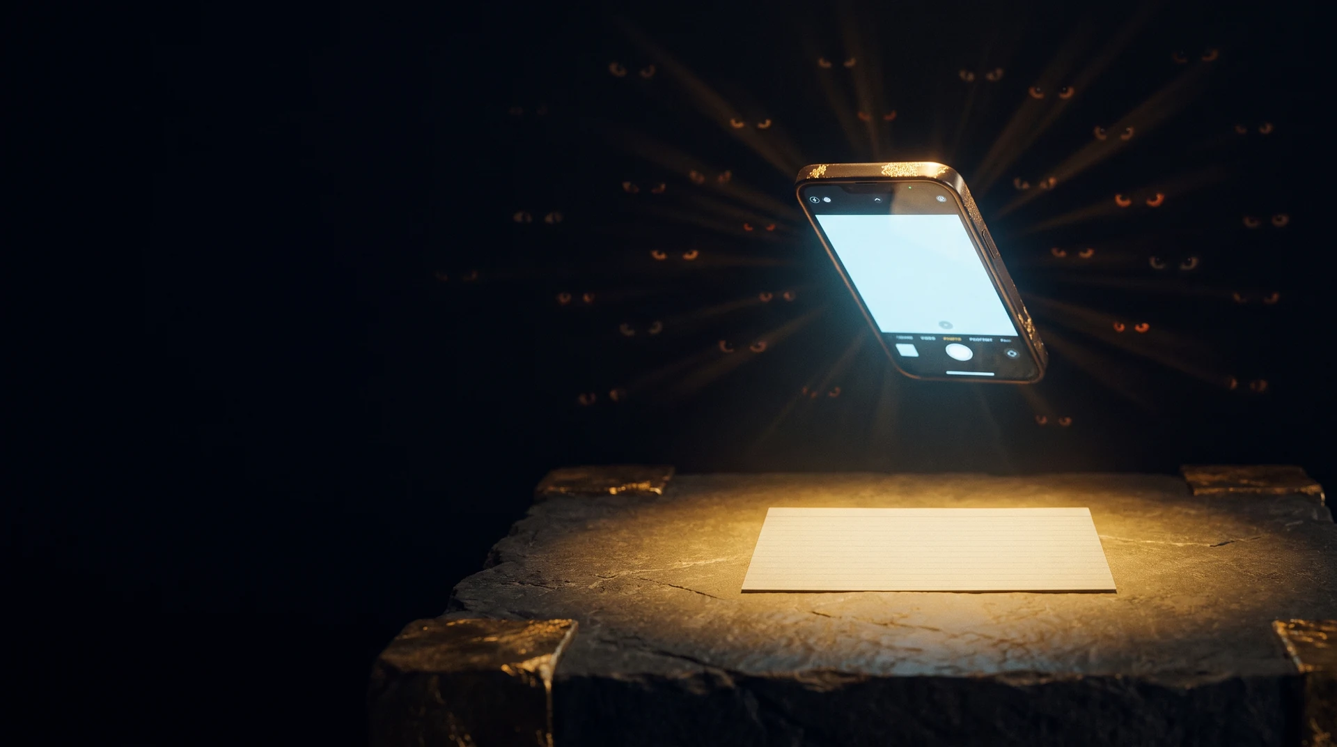 A blank index card lit on a dark stone plinth while a smartphone hovers above photographing it, with dozens of faint watching eyes catching the light in the darkness beyond
