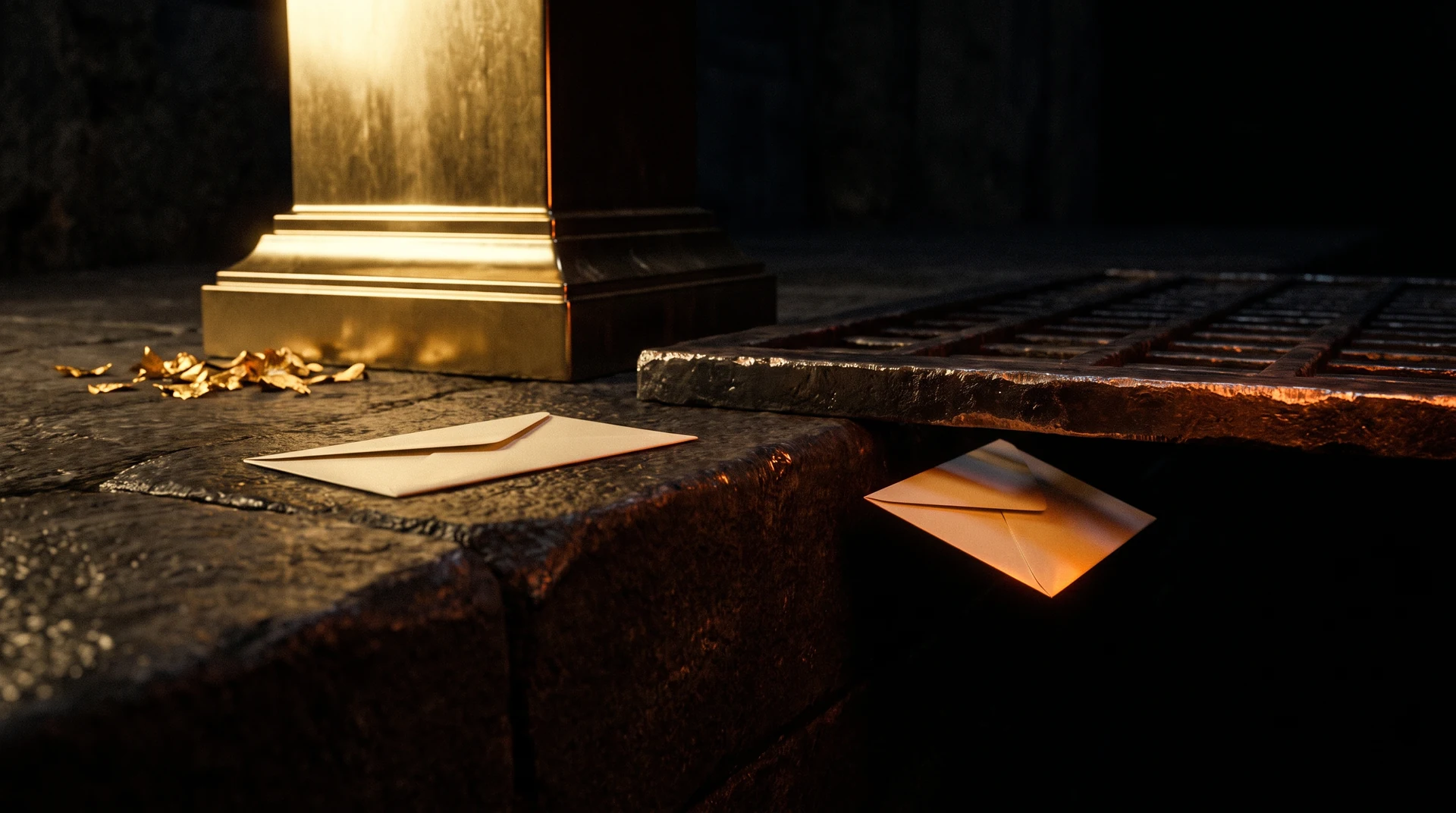 The gold base of a tall monument on dark stone steps at night. On the left a cream envelope lies flat and undamaged on the step, catching warm gold light. On the right an identical envelope is sliding under the raised edge of a dark iron floor grate, lit by ember-orange light, with blackness beneath it.