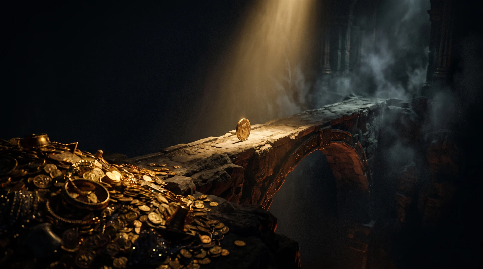 A single small gold coin standing upright on a narrow ancient stone bridge crossing a dark misty chasm, lit by a shaft of gold light, with a large heaped pile of gold coins waiting behind it on the near side of the bridge