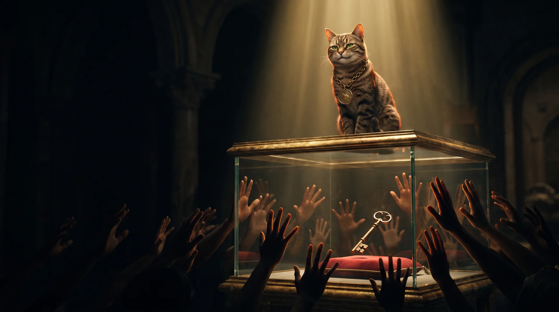 A brown tabby cat in a gold medallion sits on an armoured glass case holding a single brass key, while anonymous shadowed hands press against the glass from outside