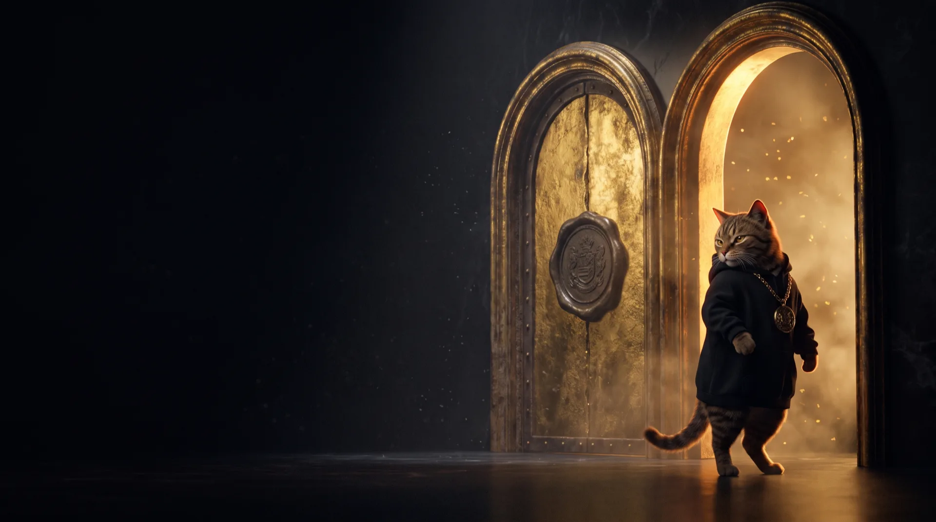 A tabby cat in a black hoodie with a gold medallion walking through a glowing open archway, looking back at a second archway sealed shut with a slab of gold and a heavy wax seal