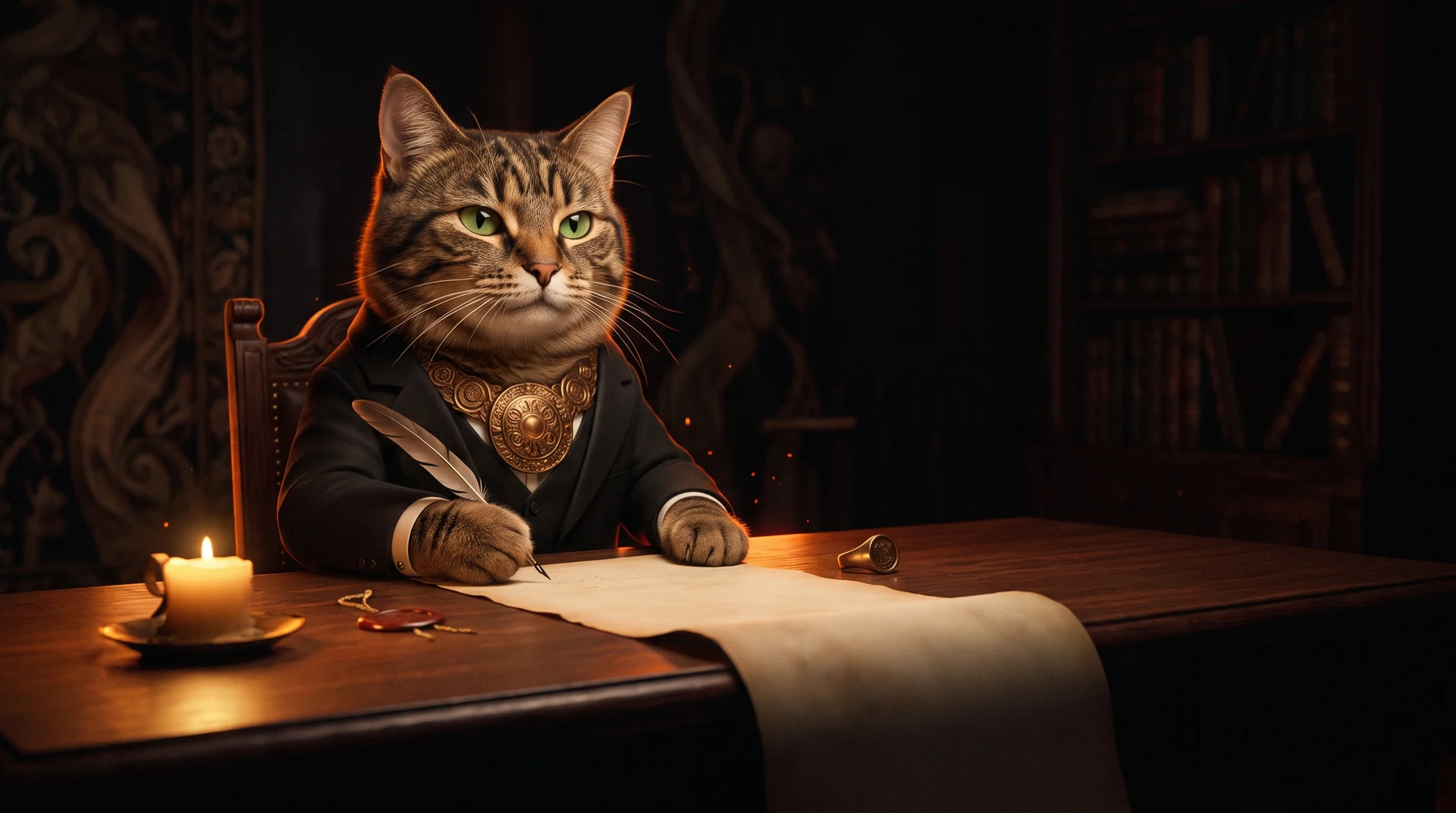 A tabby cat in a suit poised with a quill over a long parchment scroll whose lower portion disappears into darkness
