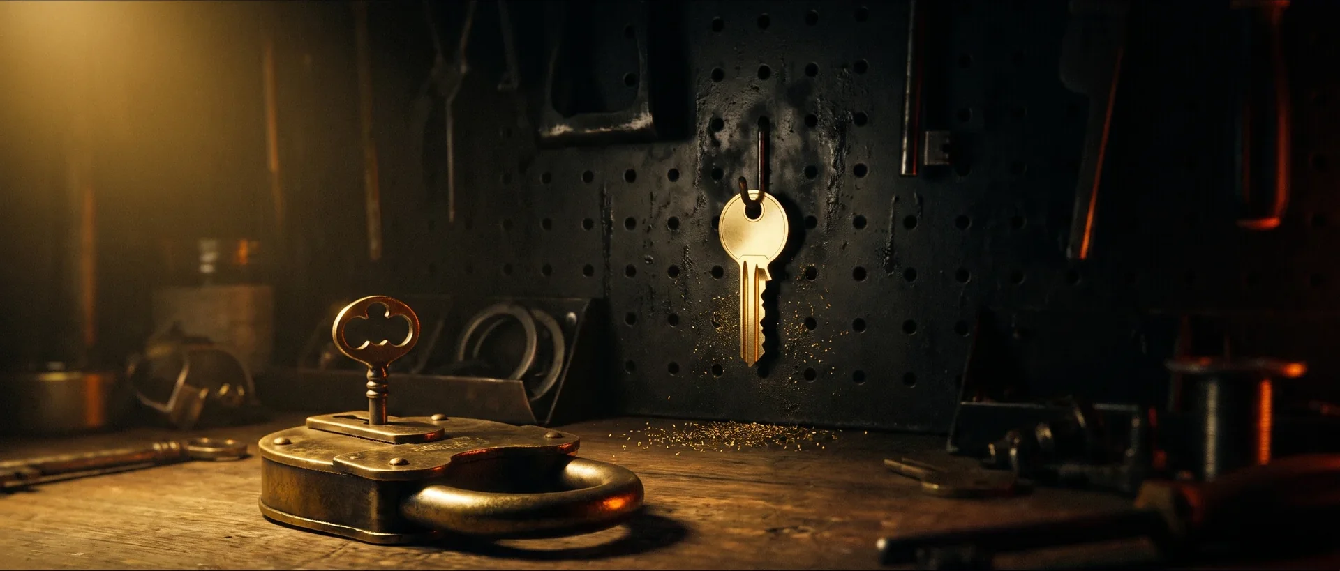 A brass lock with its key still in place, and behind it a freshly cut duplicate key hanging on a pegboard with filings on the bench