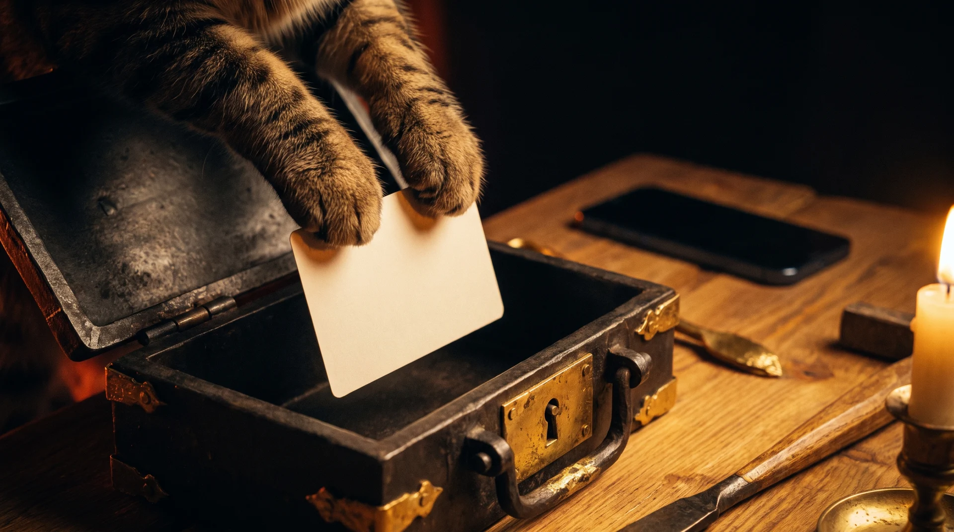 A close candlelit view of two brown tabby cat paws lowering a small blank cream card into a heavy open iron strongbox with thick hinges and a burnished gold lock plate, a single candle burning at the edge of the frame, and a switched-off phone lying face down and forgotten in the dark background