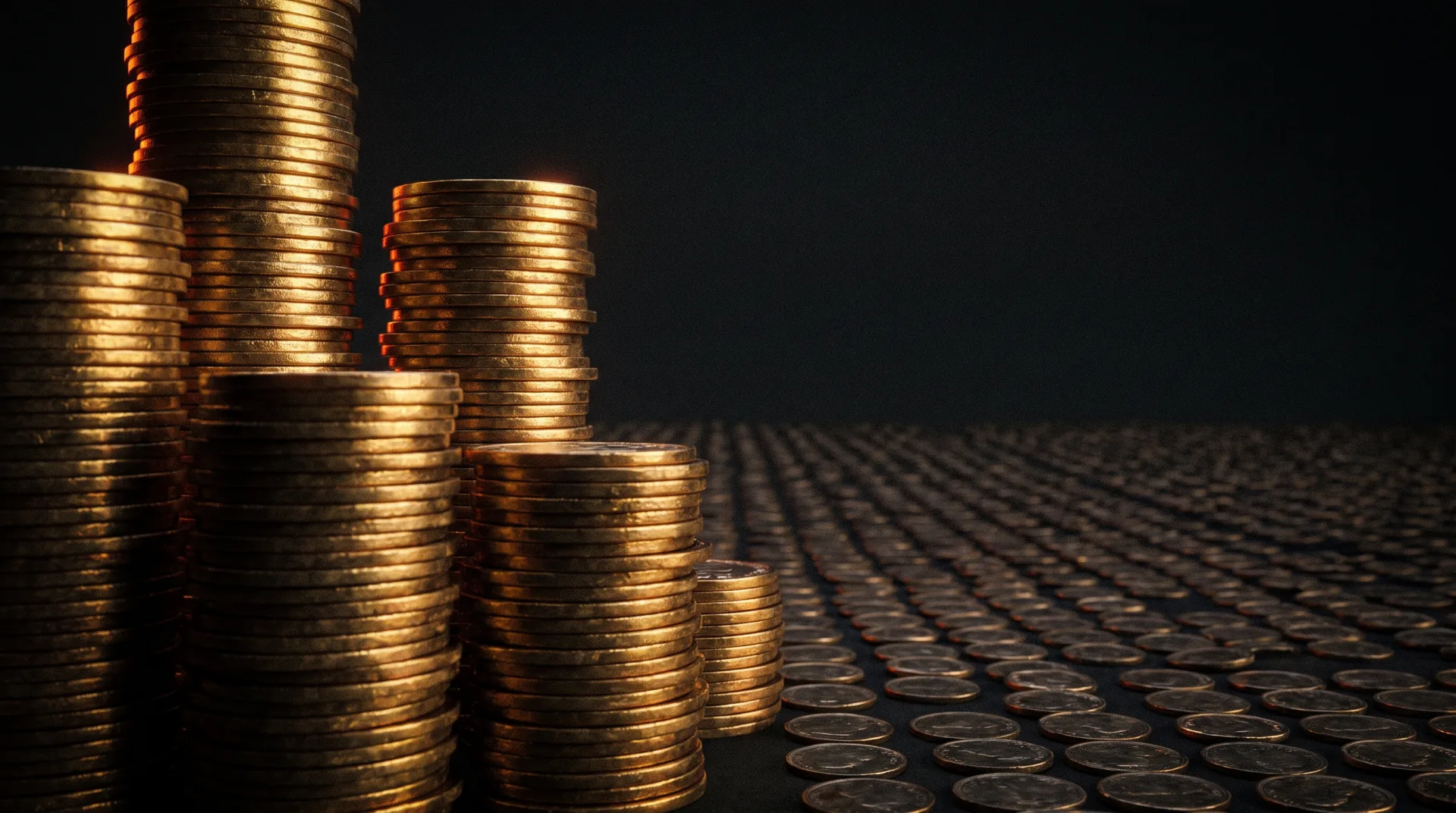 A few towering stacks of antique gold coins lit sharply in the foreground, with a vast dark plain of thousands of single scattered coins receding into blackness behind them