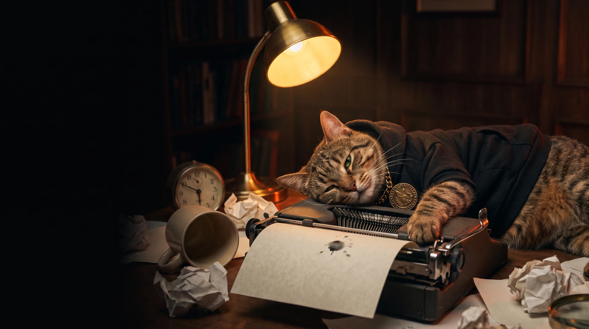 Deep night in a wood panelled study. A tabby cat in a rumpled black hoodie and heavy gold medallion has fallen asleep with his head resting on an old mechanical typewriter, one paw still on the carriage, lit by a single brass desk lamp, surrounded by an overturned mug, a stopped clock and crumpled sheets of paper.
