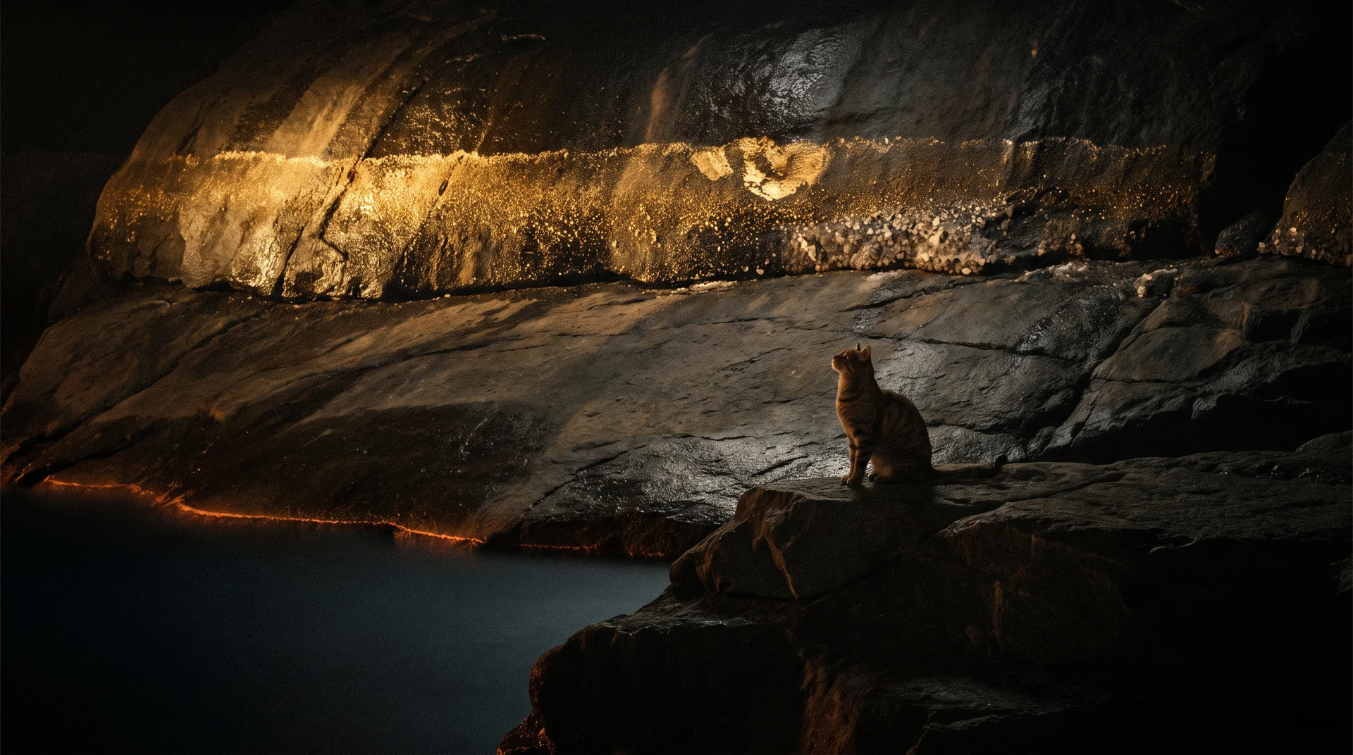 A small tabby cat sitting in silhouette on bare wet rock at night, looking up at a band of glittering gold high-water mark far above the current black waterline