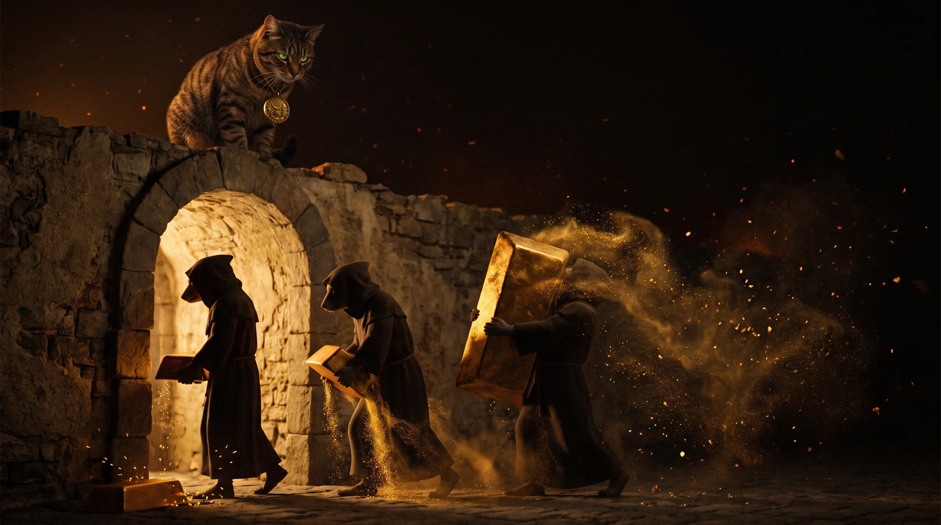 A narrow stone gateway at night with three hooded figures passing through in a receding line carrying gold ingots of increasing size, each ingot shedding a plume of gold dust as it scrapes through the opening, the largest losing far more than the smallest, with a tabby cat wearing a gold medallion watching from the wall above
