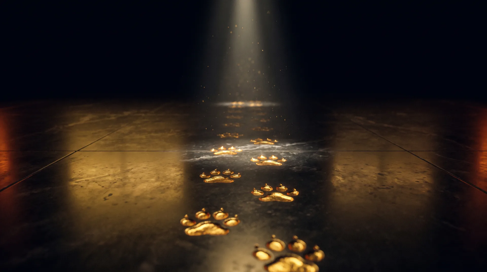 A trail of glowing gold pawprints running across a vast dark polished stone floor into shadow, revealed by a single hard narrow beam of white gold light sweeping down across them