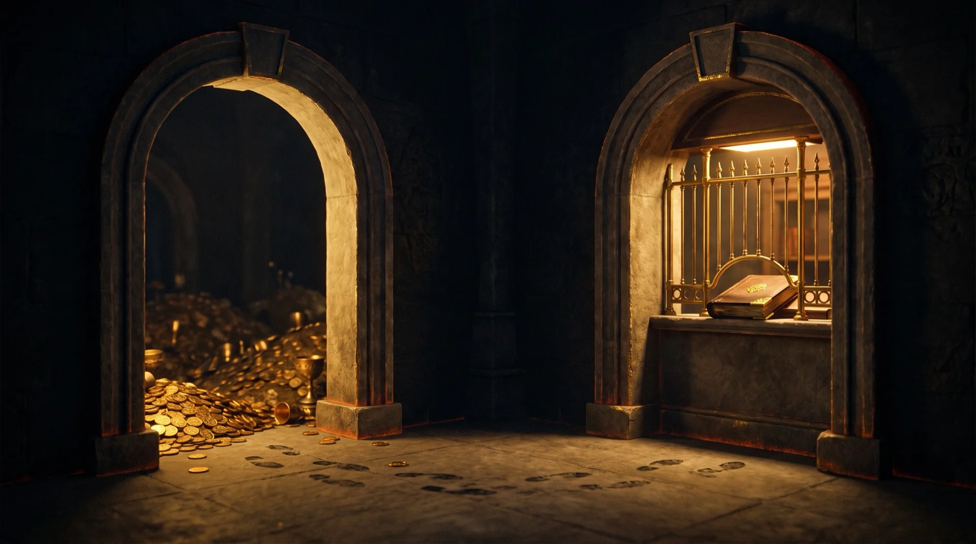 Two tall stone archways side by side in a dark hall, the left one opening onto a vast dim chamber heaped with gold coins receding into shadow and the right one opening onto a narrow brightly lit bank teller window with a polished brass grille and a closed ledger on the counter, with scuffed footprints crossing the stone floor from the left arch to the right