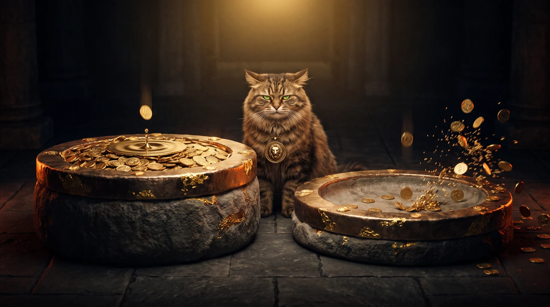 Two stone basins side by side in a dark hall, the left one brimming with gold coins and barely rippling as a coin lands in it, the right one nearly empty and throwing a violent spray of coins over its rim from an identical coin
