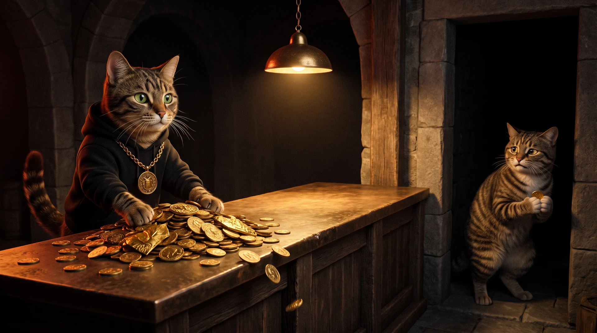 A dark stone market hall lit by one hanging lamp. On the left an upright tabby cat in a black hoodie and heavy gold medallion pushes a large heap of gold coins across a wooden counter, coins spilling off the edge. On the right, in a narrow doorway into darkness, a second tabby cat crouches clutching one small gold coin in both paws.