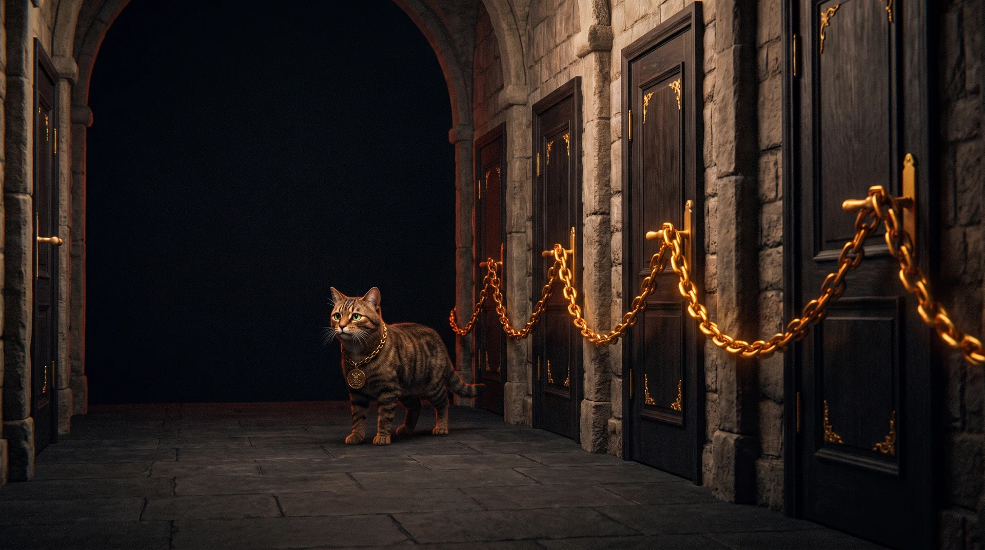 A dark stone corridor with a row of doors on the right linked by one continuous glowing golden chain running through their handles, and a single door on the far left that no chain reaches, a tabby cat wearing a gold medallion standing in the middle of the floor looking toward it