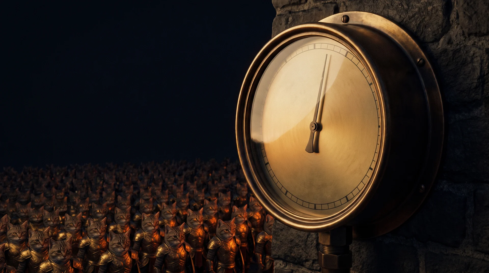 A huge antique brass pressure gauge mounted on dark stone fills the right of the frame, its blank dial catching warm gold light and its single slender needle sitting almost upright. To the left, ranks of small tabby cats in gold armour recede into darkness, far more numerous than the barely deflected needle suggests.