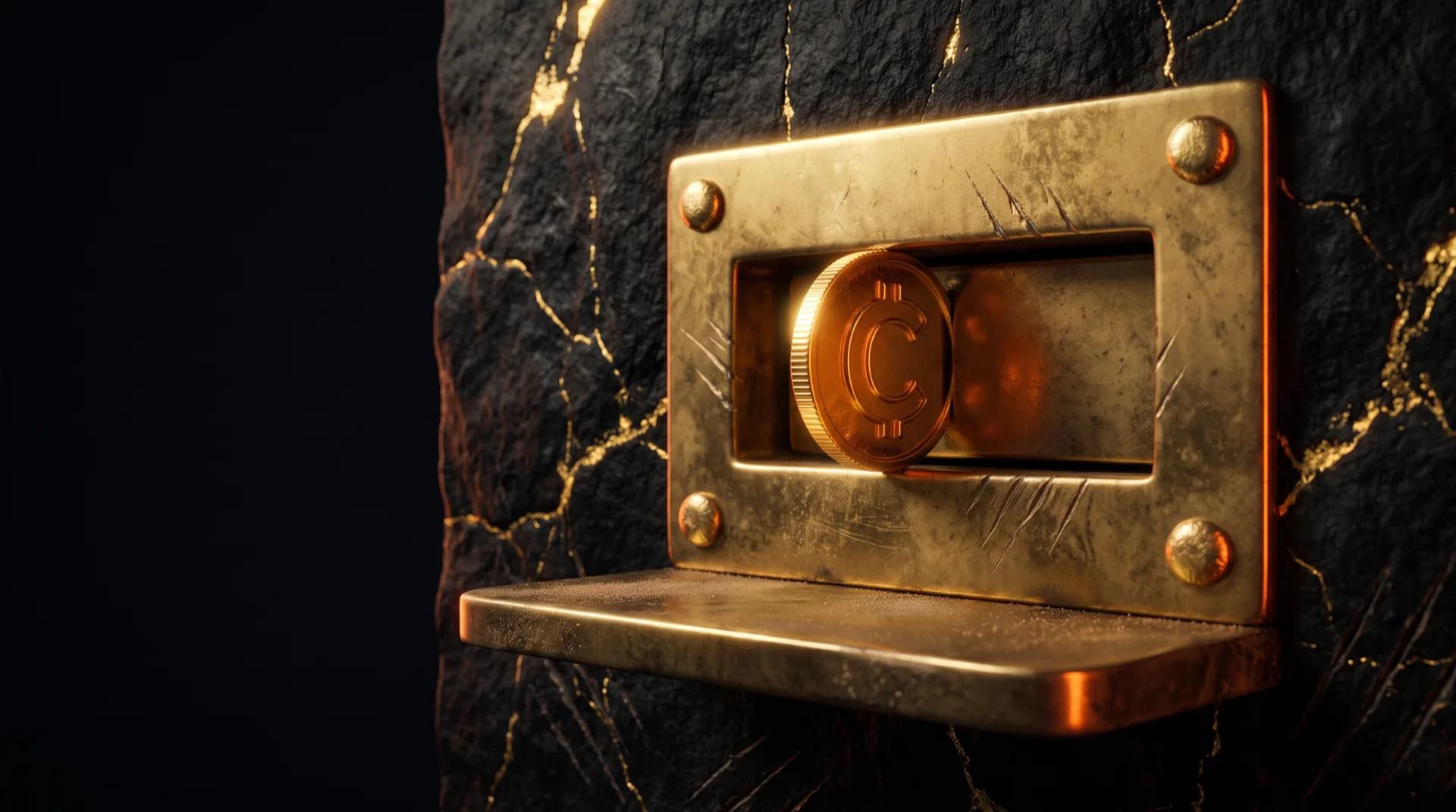 A heavy brass teller's slot in black gold-veined stone, sealed shut from behind with a riveted gold plate, a gold coin marked with a letter C wedged halfway in and unable to pass