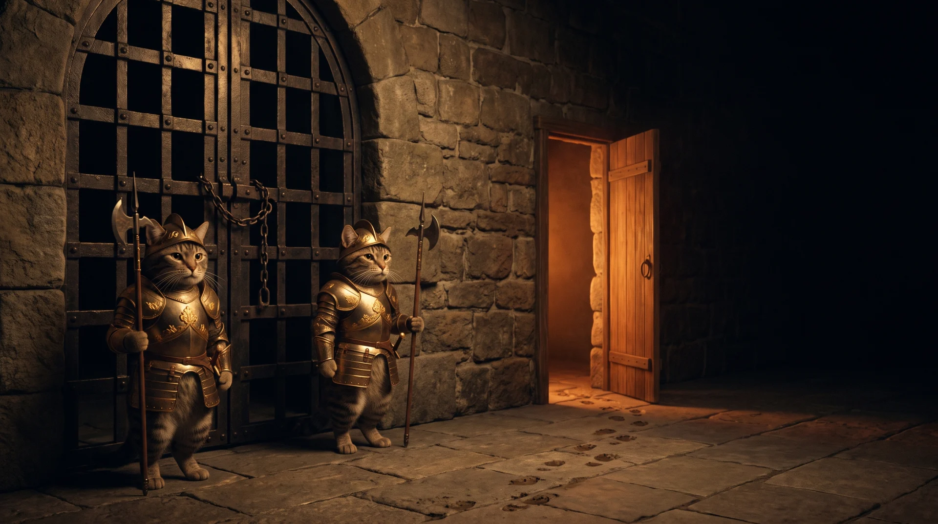 Inside a dark stone fortress hall, two tabby cats in burnished gold armor stand rigidly at attention guarding an enormous bolted and chained iron gate, while a few feet away on the same wall a small plain wooden side door hangs wide open and unguarded, spilling warm orange light into the hall with muddy footprints leading out through it