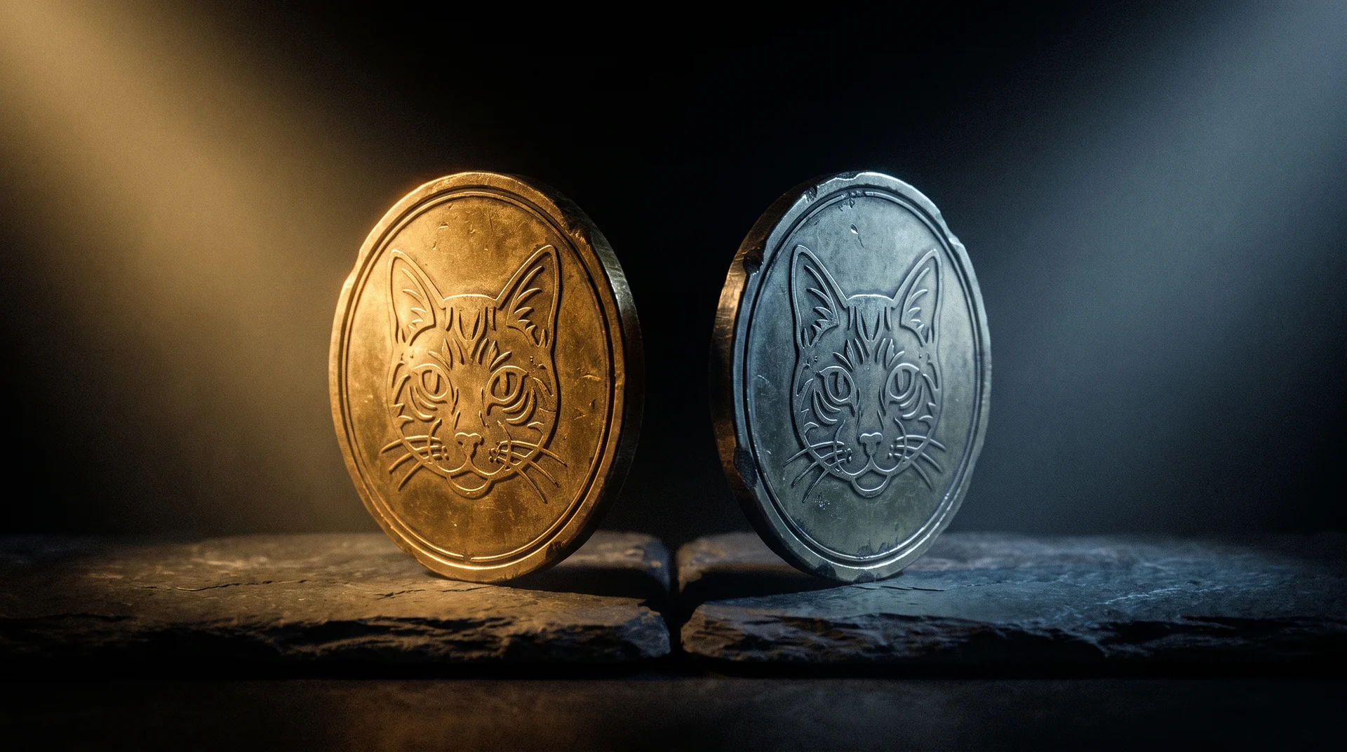 Two nearly identical engraved cat-face coins standing upright side by side on split dark stone, one gold and lit warmly from the left, one silver and lit coldly from the right, the designs matching almost exactly.