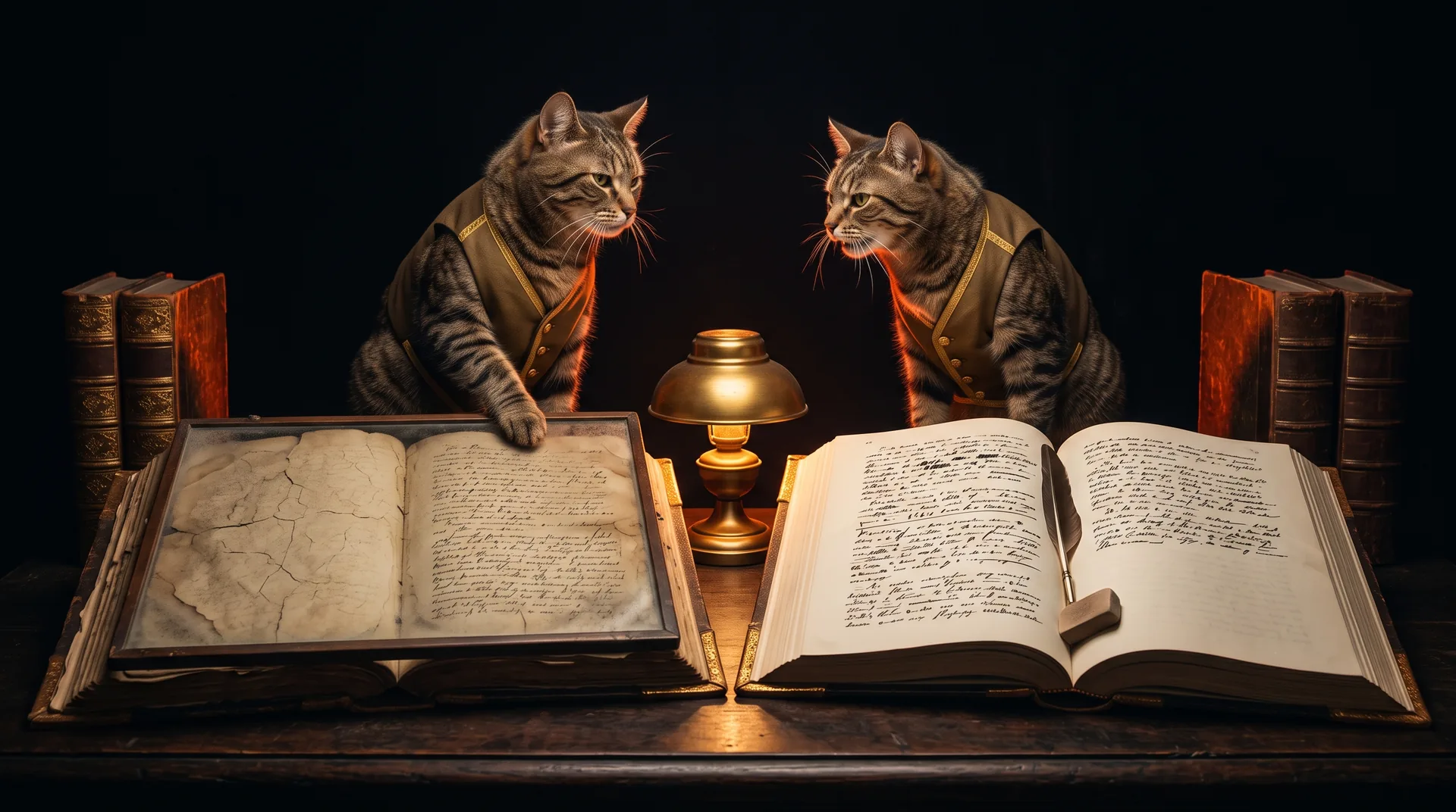 Two open ledgers on a dark table, the left sealed under glass and dusty, the right mid-revision with a quill, a clerk cat at each disagreeing