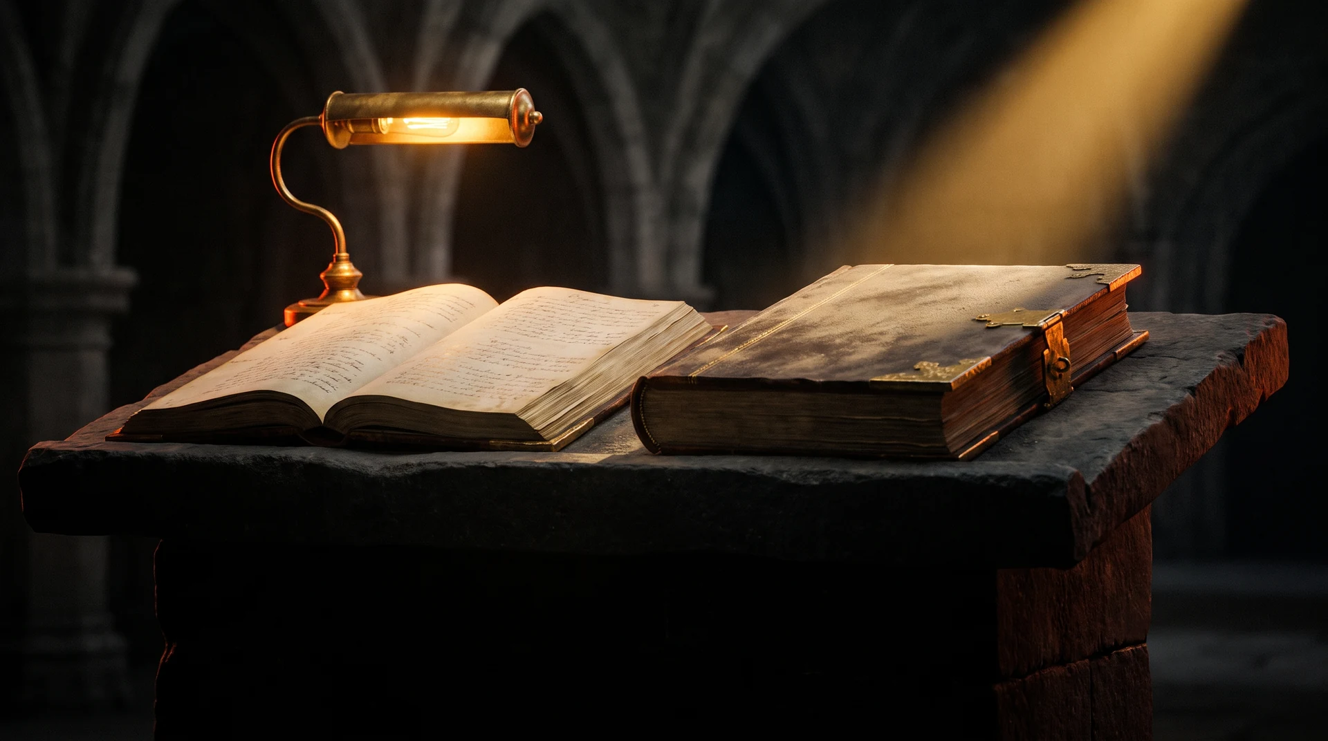 Two identical registry ledgers side by side on a lectern, the left one open and brightly lit, the right one closed and dusty