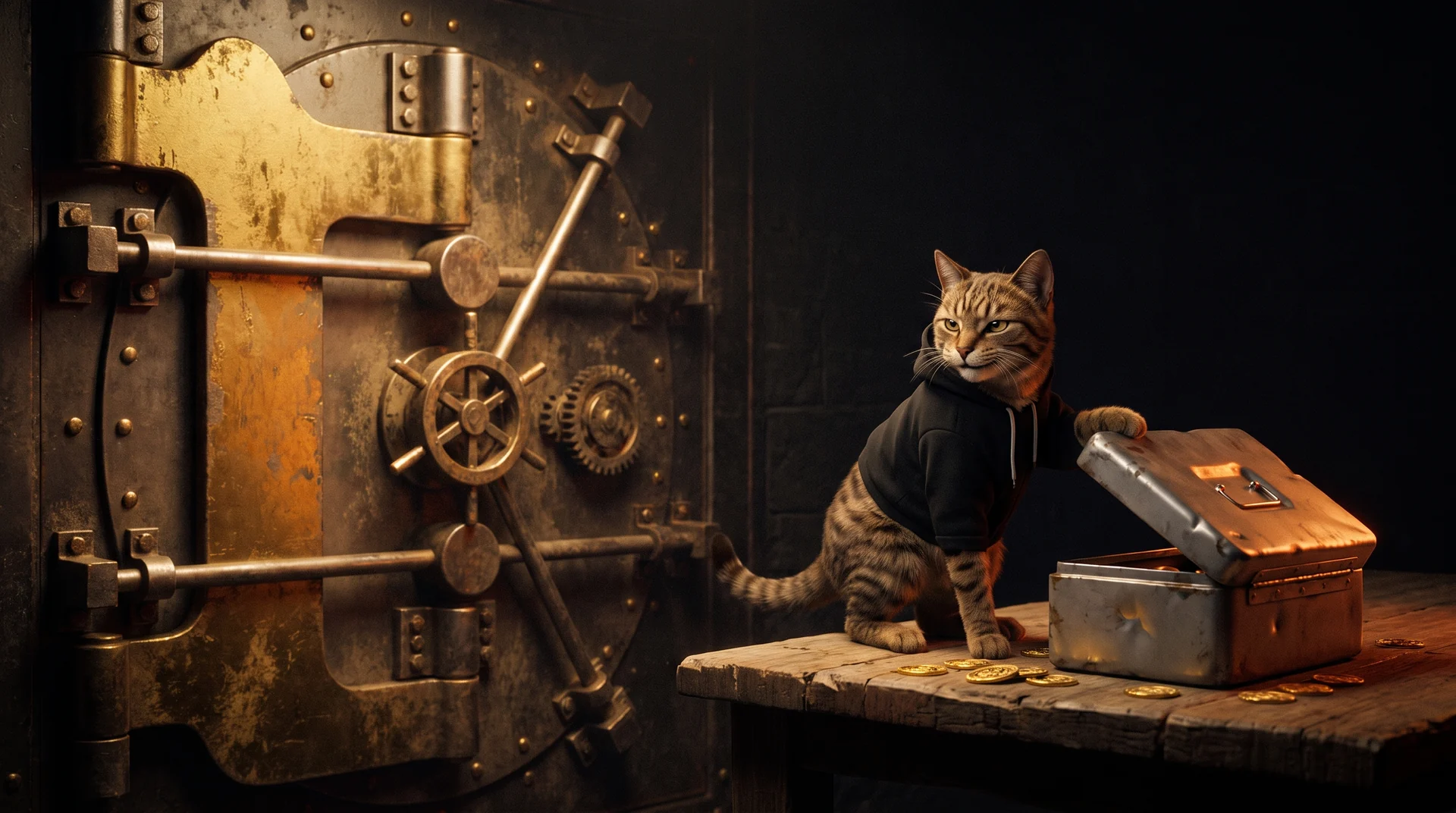 A sealed floor-standing vault beside a small open strongbox on a workbench, with a tabby cat in a hoodie standing between them