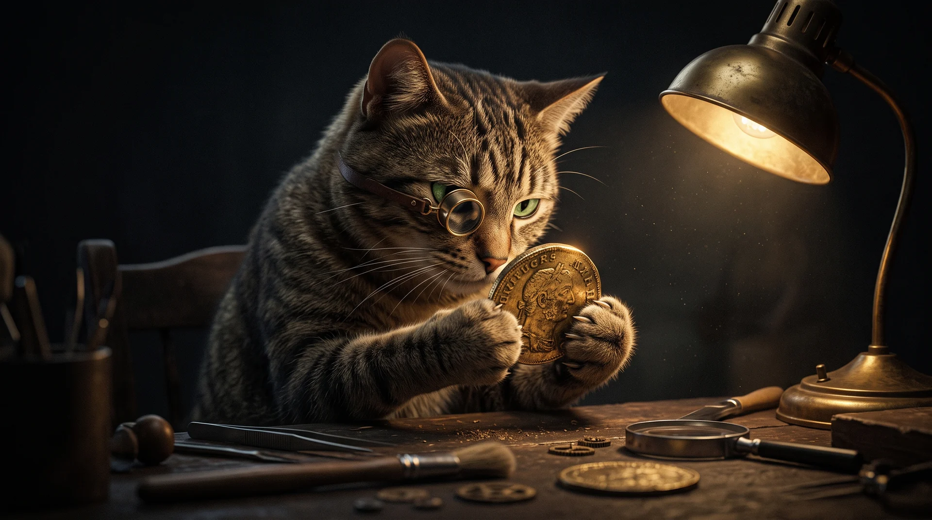 A tabby cat wearing a jeweler's loupe closely inspecting a large gold coin on a dark workbench