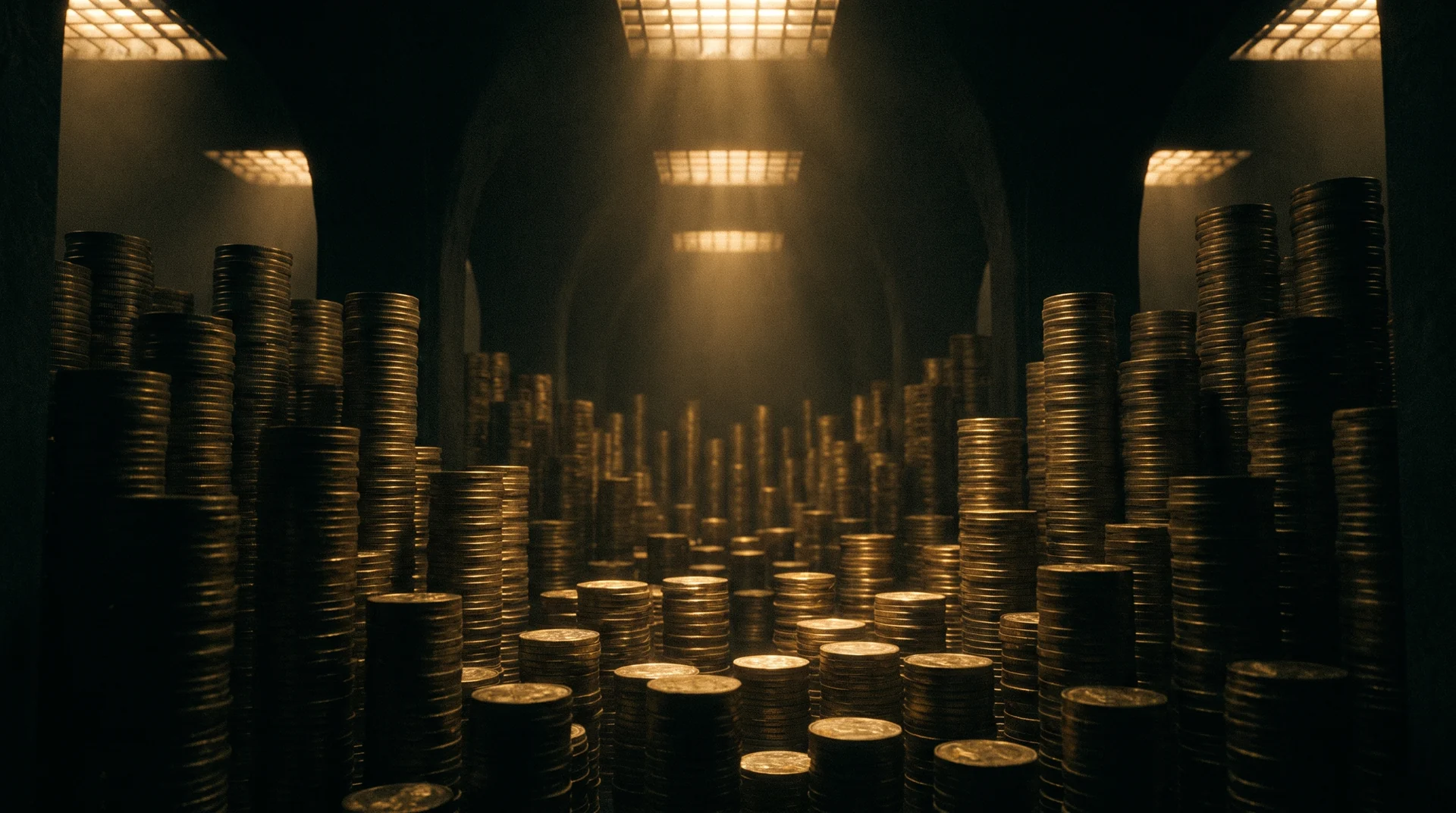 A vast vault of identical gold coins receding into darkness, implying enormous repetition